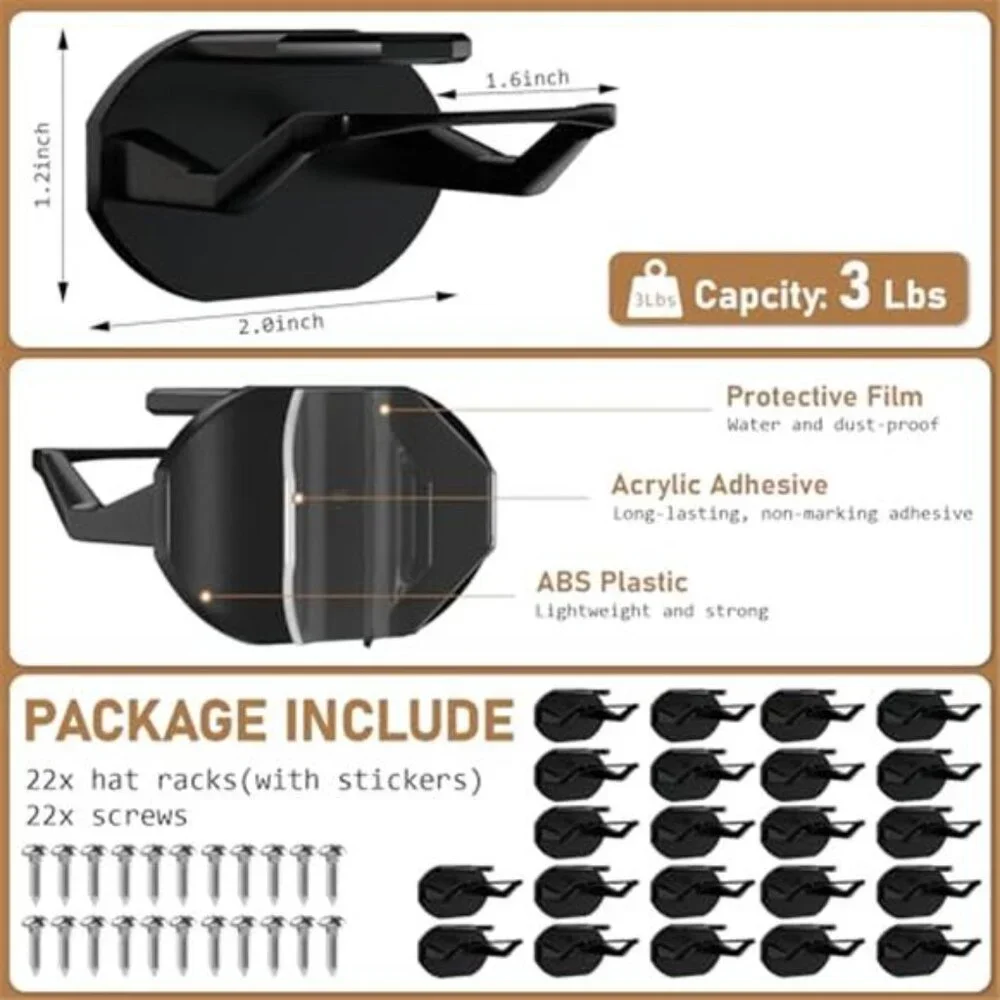 22 Pack Adhesive Hat Hooks Wall Mount Baseball Cap Organizer